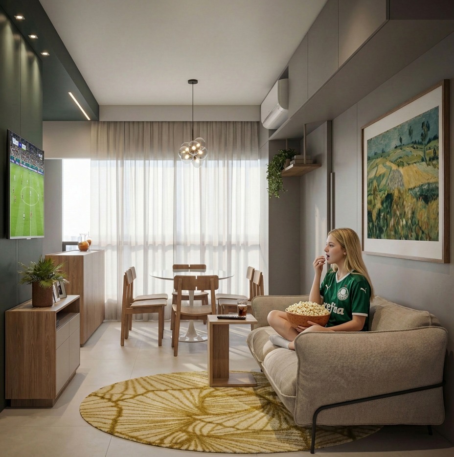 Render sala com pessoa no sofá
