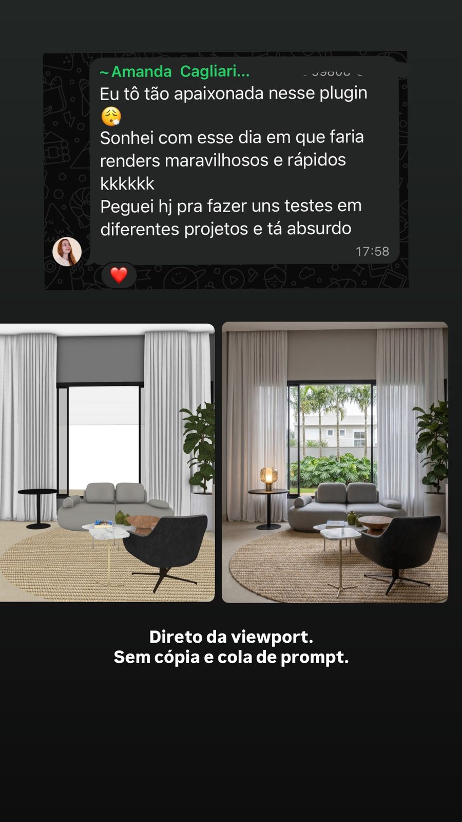 Amanda Cagliari: Direto da viewport. Sem cópia e cola de prompt.