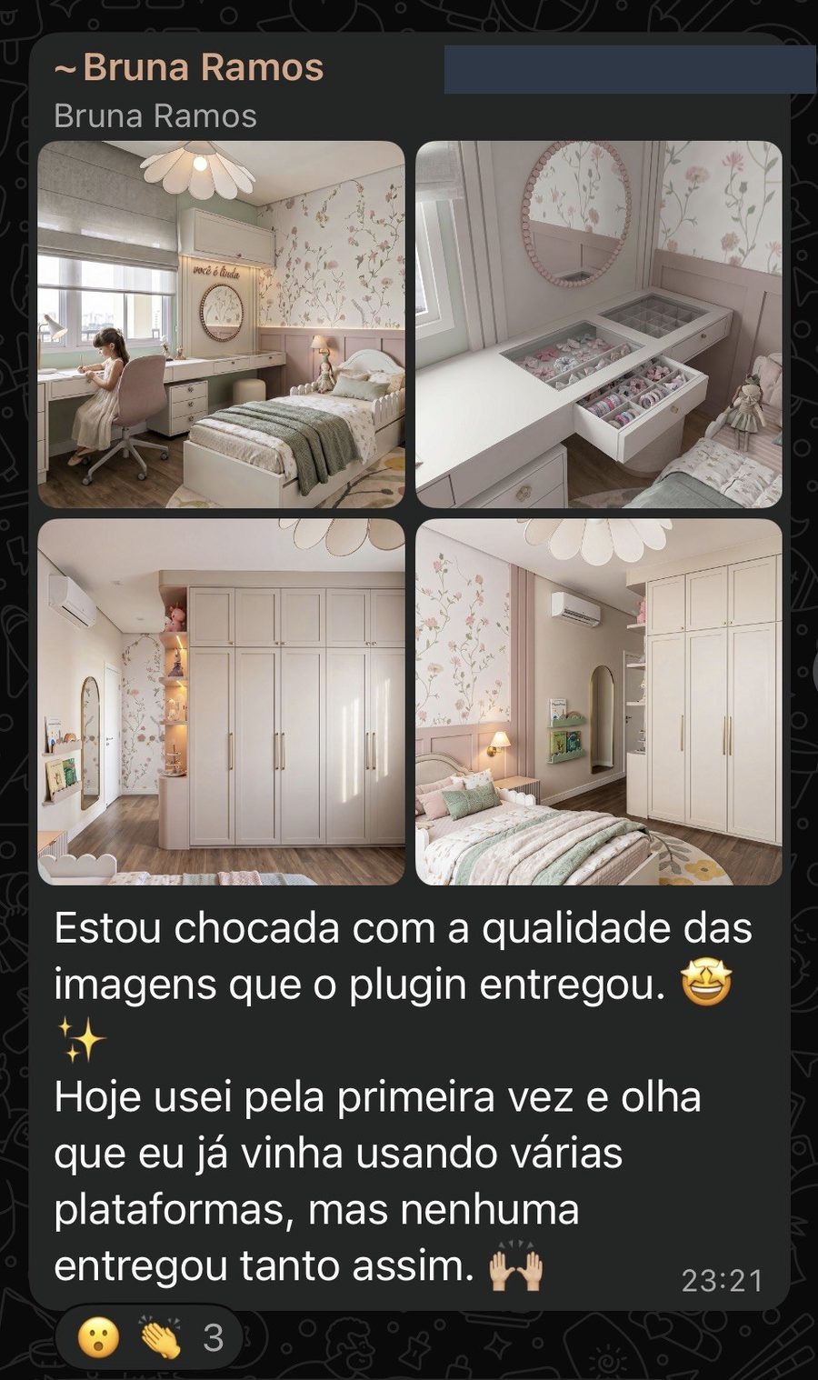 Bruna Ramos: Estou chocada com a qualidade das imagens que o plugin entregou. Hoje usei pela primeira vez e olha que eu já vinha usando várias plataformas, mas nenhuma entregou tanto assim.