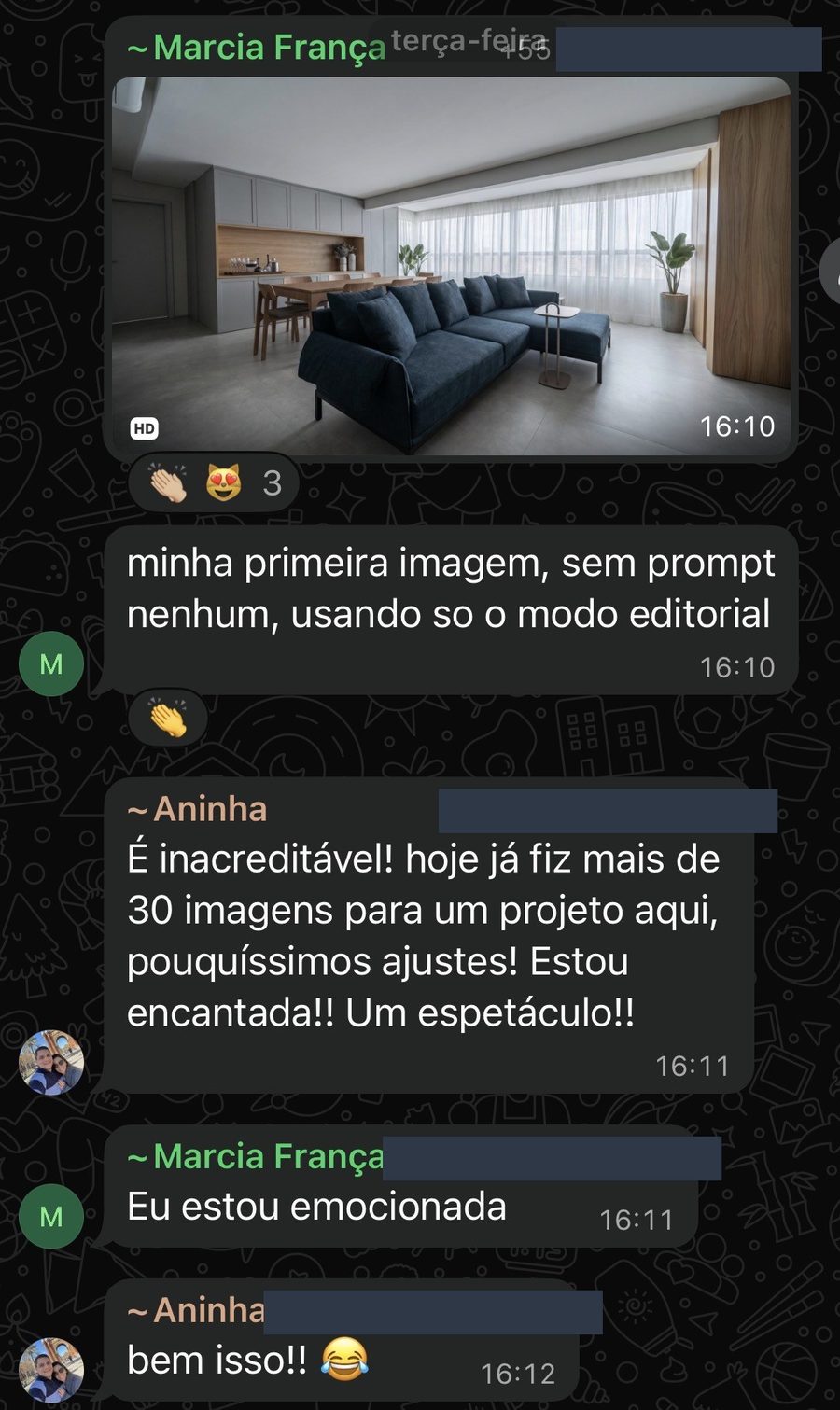 Marcia França: Minha primeira imagem, sem prompt nenhum, modo editorial. Aninha: 30 imagens, pouquíssimos ajustes.