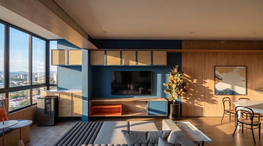 Render fotorrealista da sala azul ao pôr-do-sol