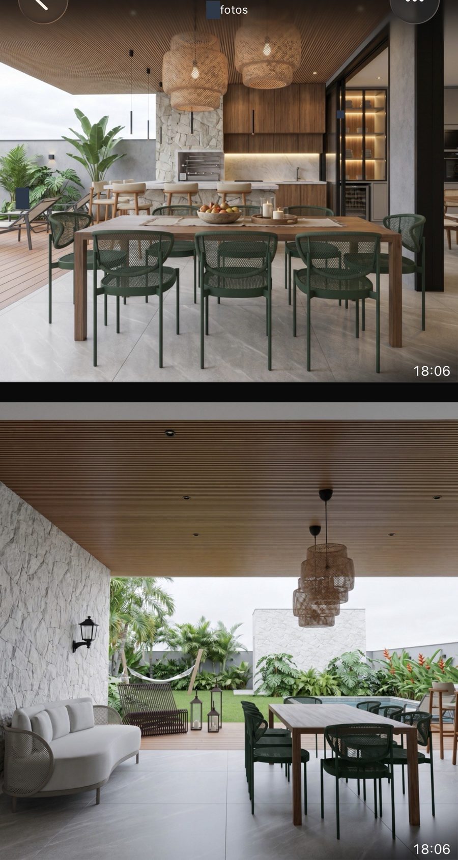 Render de varanda gourmet com mesa e cadeiras verdes