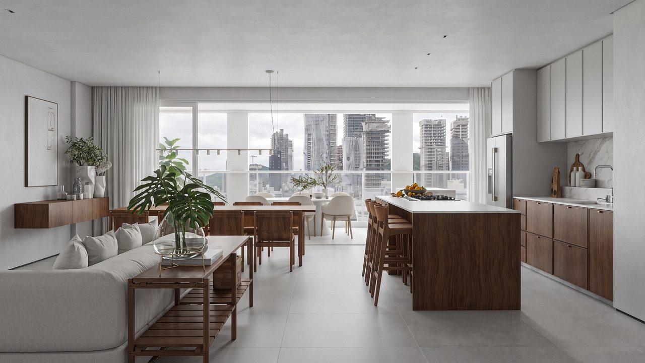 Living integrado com vista da cidade
