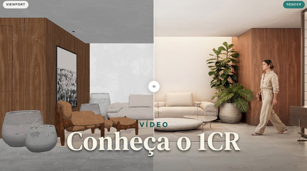 Capa do vídeo Conheça o 1CR: comparativo viewport SketchUp à esquerda e render fotorrealista à direita, com handle central