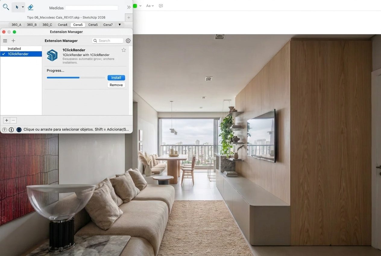 SketchUp aberto com o Extension Manager instalando o plugin 1ClickRender, ao lado de um render fotorrealista de living minimalista