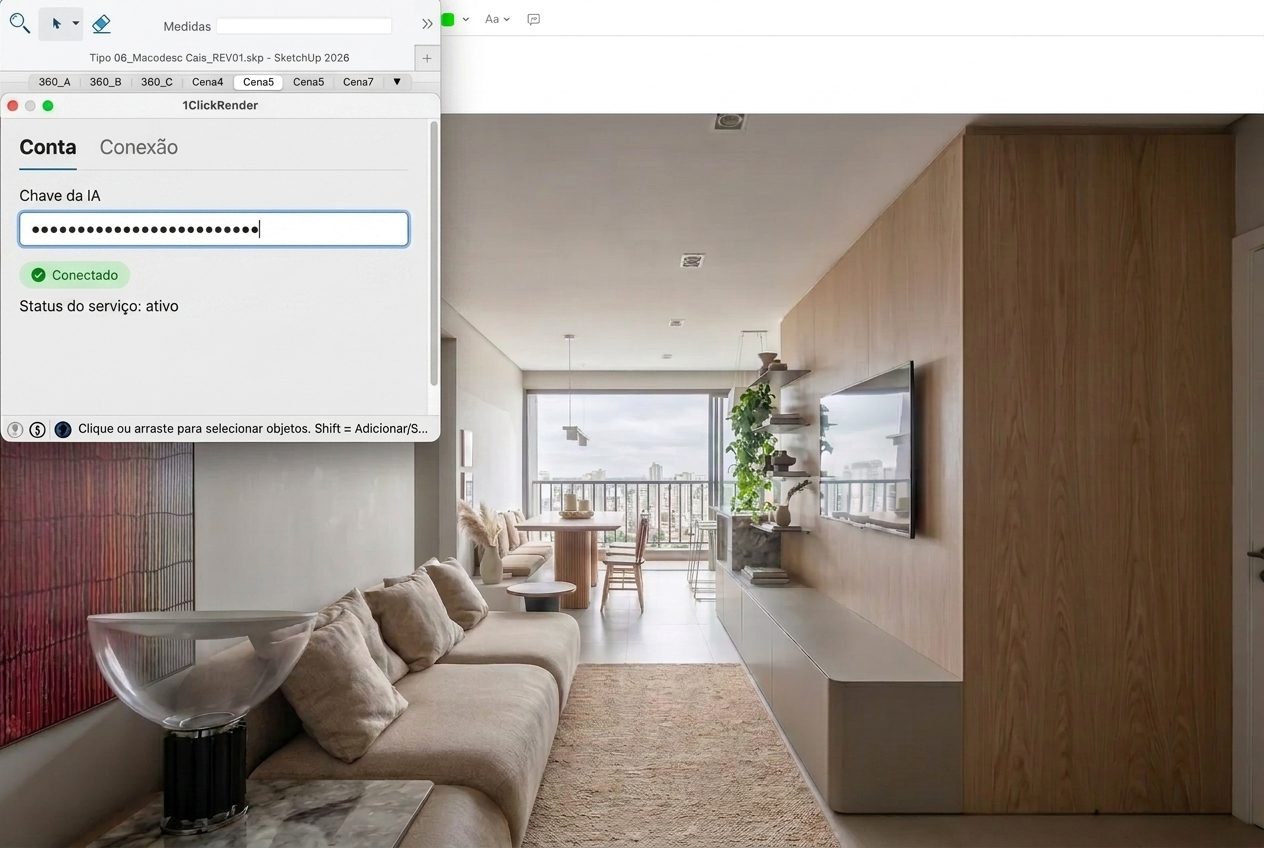 Plugin 1ClickRender aberto no SketchUp mostrando a chave de IA conectada com status ativo, ao lado de um render fotorrealista