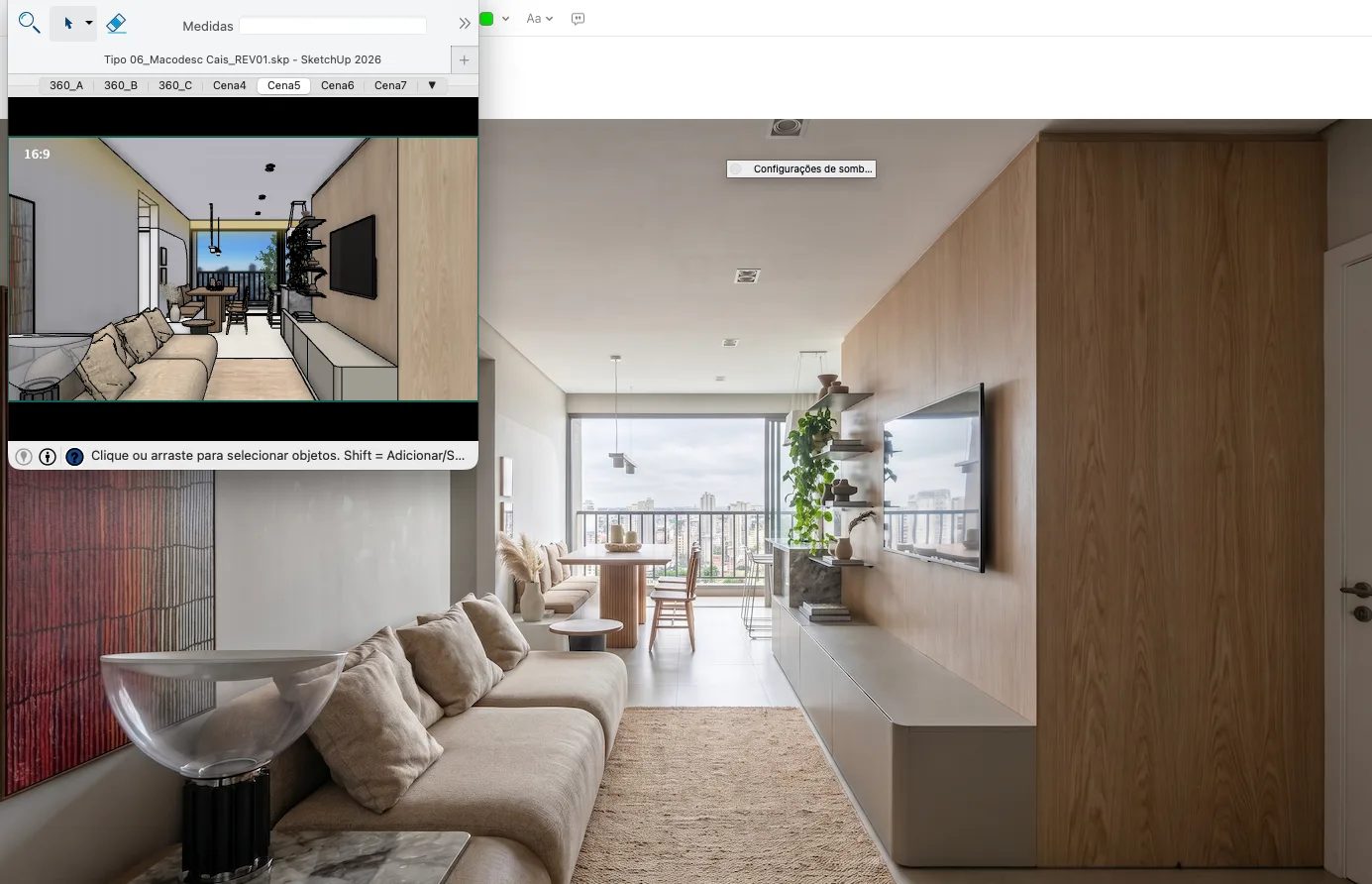Plugin 1ClickRender com cenas de render abertas dentro do SketchUp ao lado do render fotorrealista finalizado