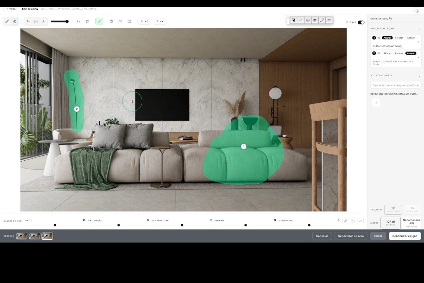 Editor do 1CR com duas áreas pintadas em verde sobre o render do mesmo living, prontas para refazer