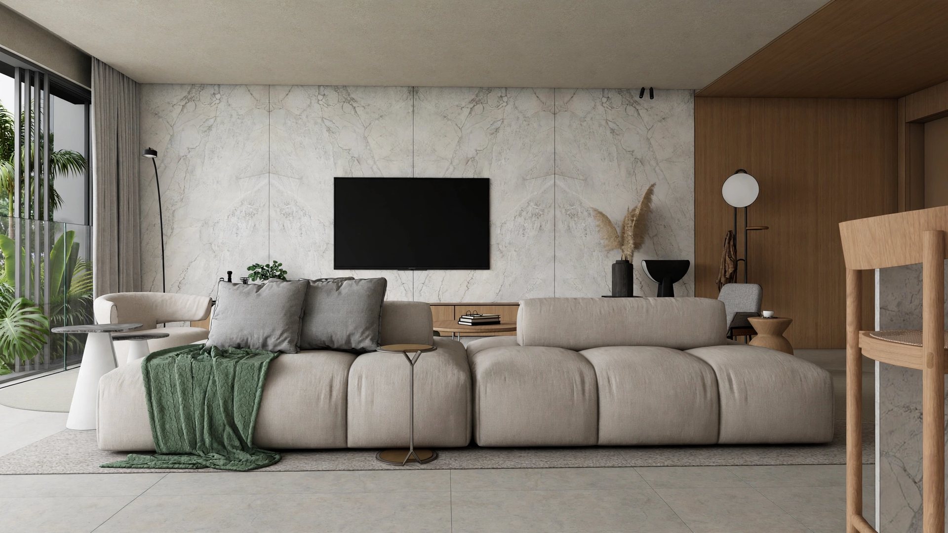 O mesmo living renderizado pelo 1CR AI: materiais, mobiliário e a manta verde saem como estavam no modelo