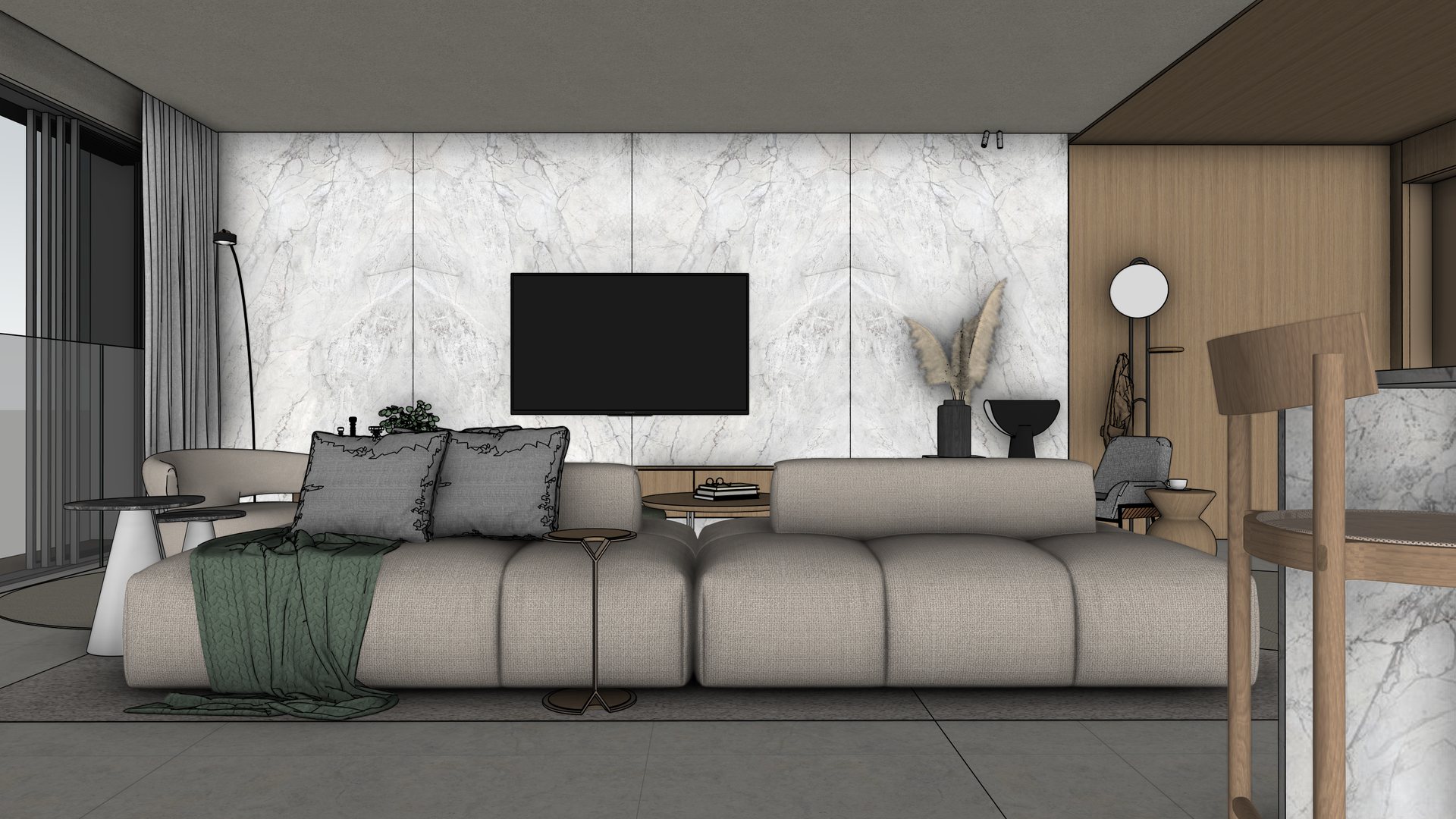 Viewport do living no SketchUp, com sofá modular, manta verde e parede de mármore